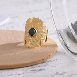 Stainless Steel Flower Leaves Ring for Women Green Natural Stone Opening Rope Ring bague 