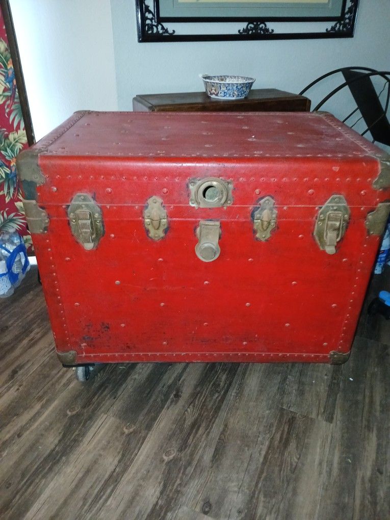 Large Flat Top Antique Red Trunk
