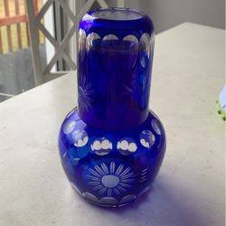 Vintage Bohemian Blue Cobalt Etched Decanter 