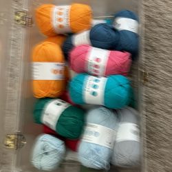 Plastic Box Filled With New Skeins Of Cotton Yarn 