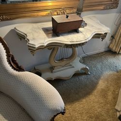 Vintage Victorian Style Lyre Harp With An Italian Marble Top Console