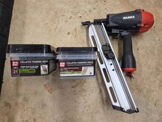 Banks 21 degree pneumatic framing nail gun with galvanized nails Barely used, Too big for what I needed it for. $100 including nails