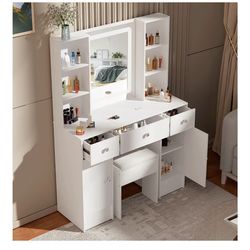 New in a sealed box Vanity Desk with Mirror and Lights, Large Makeup Vanity Table Set with Drawers and Stool, White Lighted Vanity for Bedroom, Dressi
