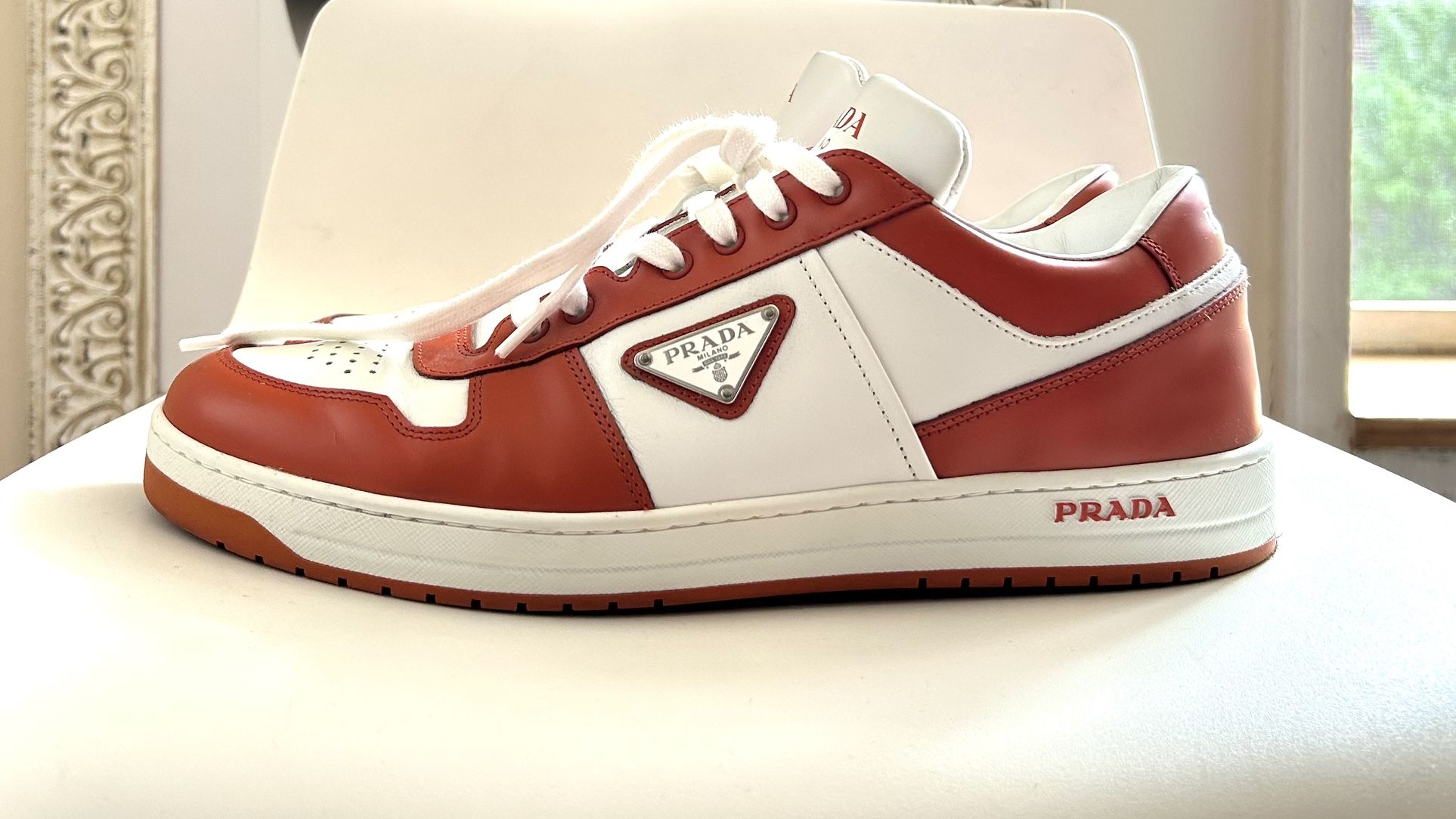PRADA Men’s Downtown leather sneakers Orange/White Size US 10 $450
