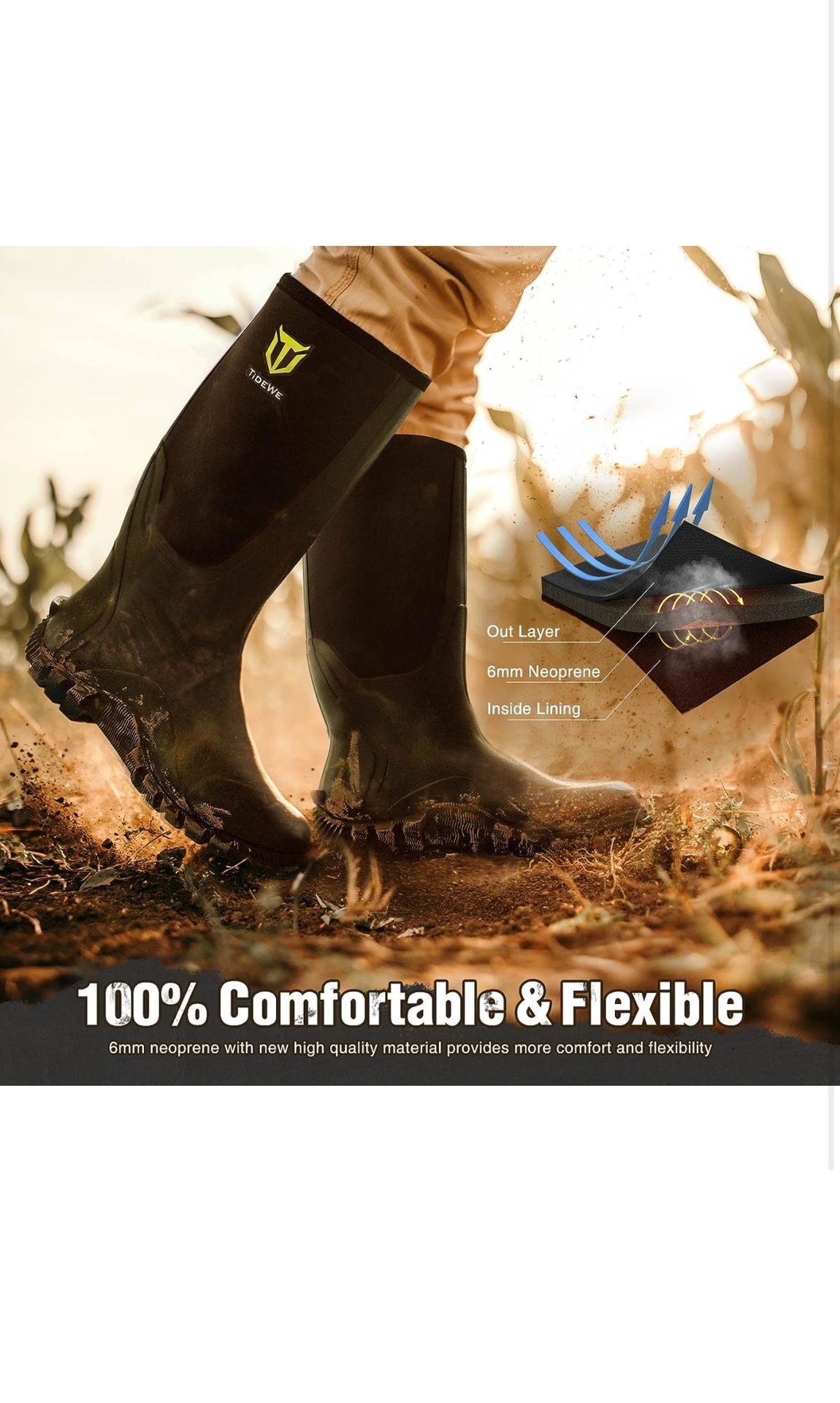 TIDEWE Rubber Boots for Men Multi-Season, Waterproof Rain Boots with Steel Shank, 6mm Neoprene Sturdy Rubber Outdoor Hunting Boots