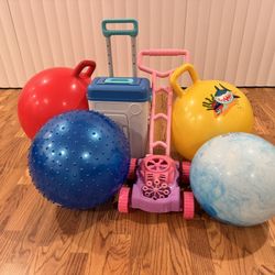 Kids Toys Lawnmower Bubble Blower, Bouncy Balls, Luggage , Balls Take All For $15