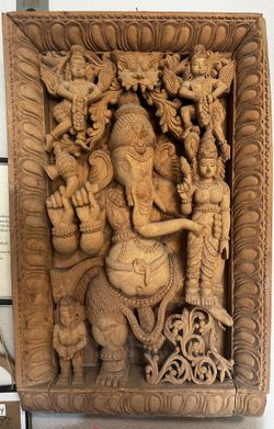 Vintage Indian Teak Ganesha Wall Panel – Hand Carved