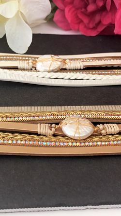 2 x Set Natural Pearl Genuine Leather Bracelets, Each $12