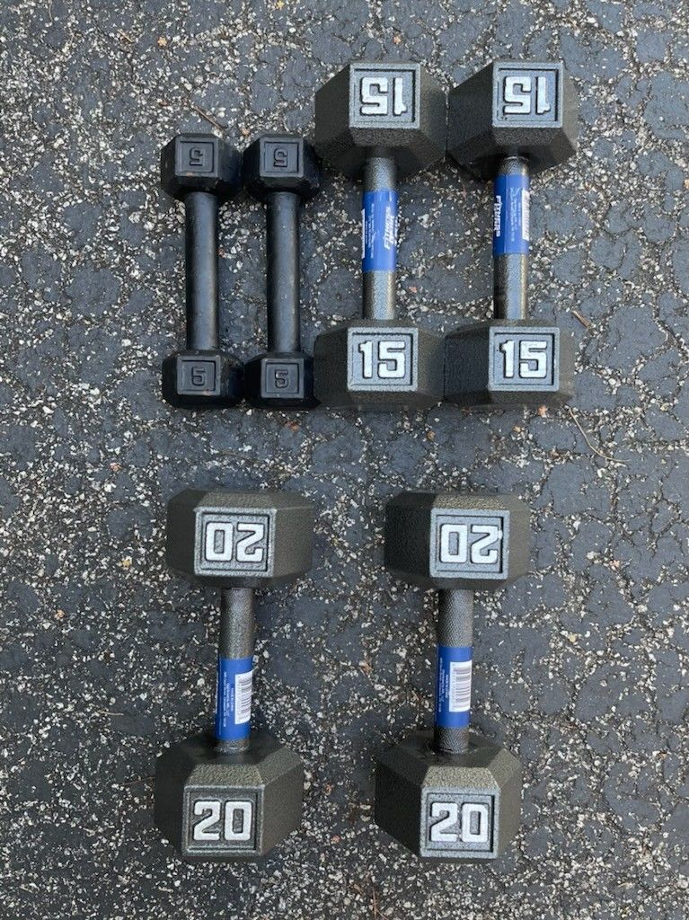 SET OF DUMBBELLS (PAIRS OF) : 5s 15s 20s (will sell separately)