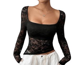 Women's Elegant Lace U-Neck Asymmetric Hem Design Long Sleeve T-Shirt Size XL 