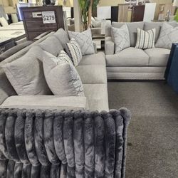 Brand New Light Gray Linen Studded Sofa + Loveseat 2PCs Set