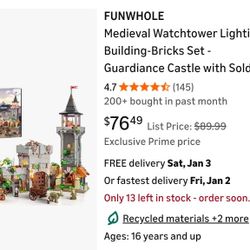 FUNWHOLE Medieval Watchtower Lighting Building-Bricks Set - Guardiance Castle with Soldier Farmer Minifigures Collectible Display Set 1625 Pcs for Adu