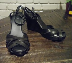 New Black Leather Strapped Wedge Sz 7 1/2