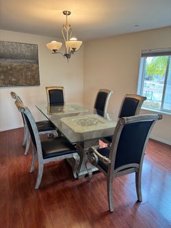 Modern Traditional Glass Top Dining Table Set – 6 Leather Chairs (Champagne Gold)