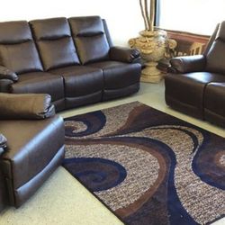 Brand New Brown Leather 3pc Reclining Sofa Loveseat & Chair