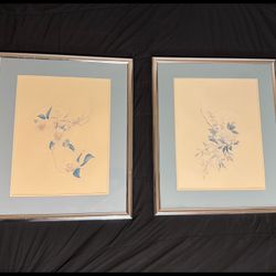 Matching Framed Botanical Art Prints – Embossed Signature – Pastel Floral Pair – Vintage Décor