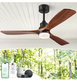 Ceiling Fans with Lights and Remote, 52 Inch Outdoor Ceiling Fan for Patios, 3 Wood Blades Smart Ceiling Fan with Lights,Works with Alexa/Google/WIFI/