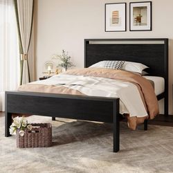 14 Inch Twin Size Metal Platform Bed Frame with Wooden Headboard and Footboard, 