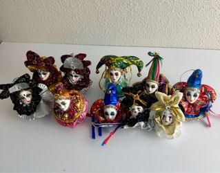 Vintage 10pc Jester Porcelain Dolls Mardi Gras Carnival Figurines Set