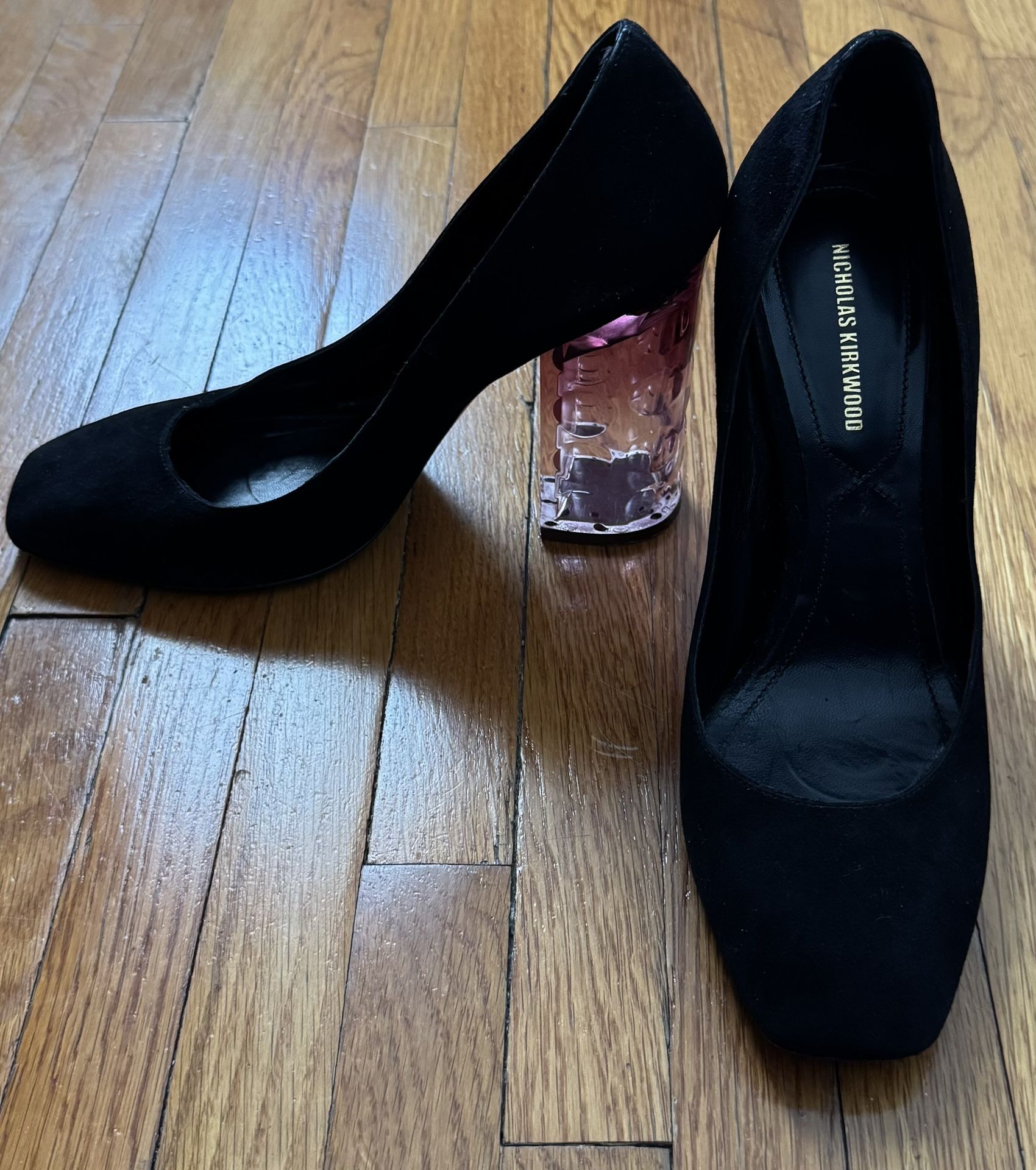 Nicholas Kirkwood Vero Cuoio Black Suede Chunky Cleared Square Toes Heels Shoes, size 37.5