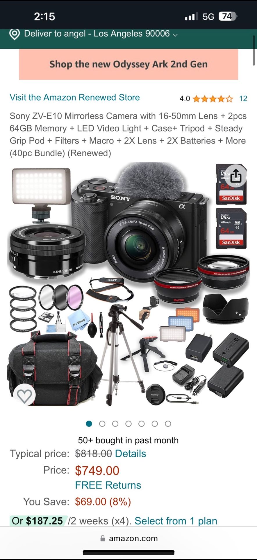 Sony ZV-E10 Mirrorless Camera with 16-50mm Lens + 2pcs 64GB Memory + LED Video Light + Case+ Tripod + Steady Grip Pod + Filters + Macro + 2X Lens + 2X