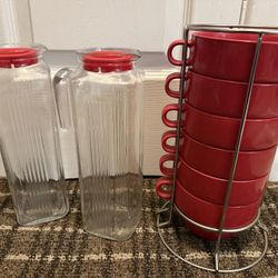 Set Of Red Bowls And 2 Red Pitchers