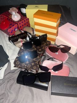 Designer glasses-LV’s,burberrys and miu designer bag-lv essentials- hoodie, shorts and tory Burch slides