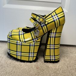 Dolls Kill x Clueless As If Platform Mary Janes Yellow Plaid Heels – Size 8