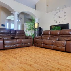 Brown Real Leather Reclining Sofa And Loveseat Set - FREE DELIVERY - $649 🛋 🚚