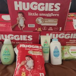 HUGGIES  BUNDLE Baby Pack..3 Boxes Of 84 Size 1 Diapers AN 1 Newborn Pack,wipes,baby Powder ,an Other Hygen..OVER 150.00 VALUE..