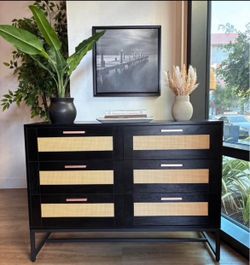 Black 6 Drawer Dresser | Cane Rattan Dresser | Modern Bedroom Storage