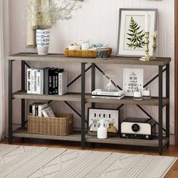 BON AUGURE Rustic Console Table Behind Sofa, Industrial Entryway Table with Storage Shelves, 3 Tier Long Bookshelf for Entry (55 Inch, Dark Grey Oak)