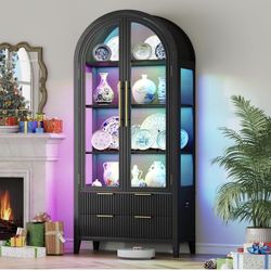 71" Arched RGB Curio Cabinet with Glass Doors, 4-Shelves Tall Display Cabinet and 2 Drawers, LED Display Case with 20 Lights for Collectibles/Book/Med