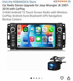 Car Radio Stereo Upgrade for Jeep Wrangler JK 2007-2018 with CarPlay 2+64G Android 15 Touch Screen Radio with Wireless CarPlay Android Auto Bluetooth 