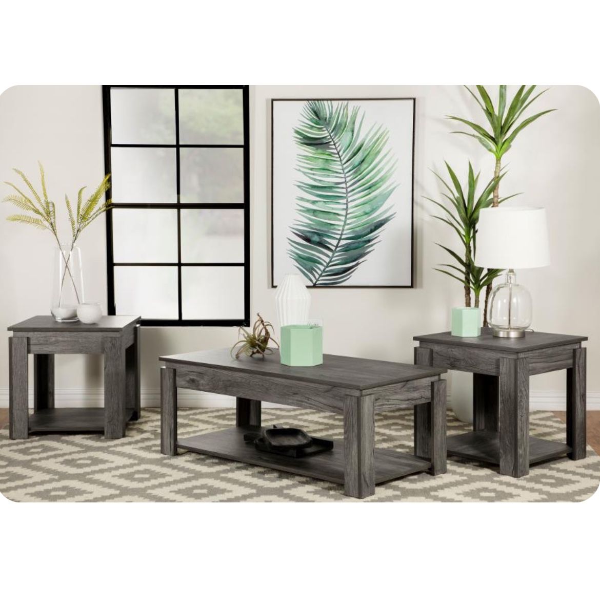 Brand New In Box Firm Price $260 Grey Weathered Finish Rustic 3 Piece Set 1 Coffee Table 2 End Tables