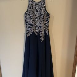Betsy & Adam Gown, Navy With Rose Gold Embellishment, Size 12