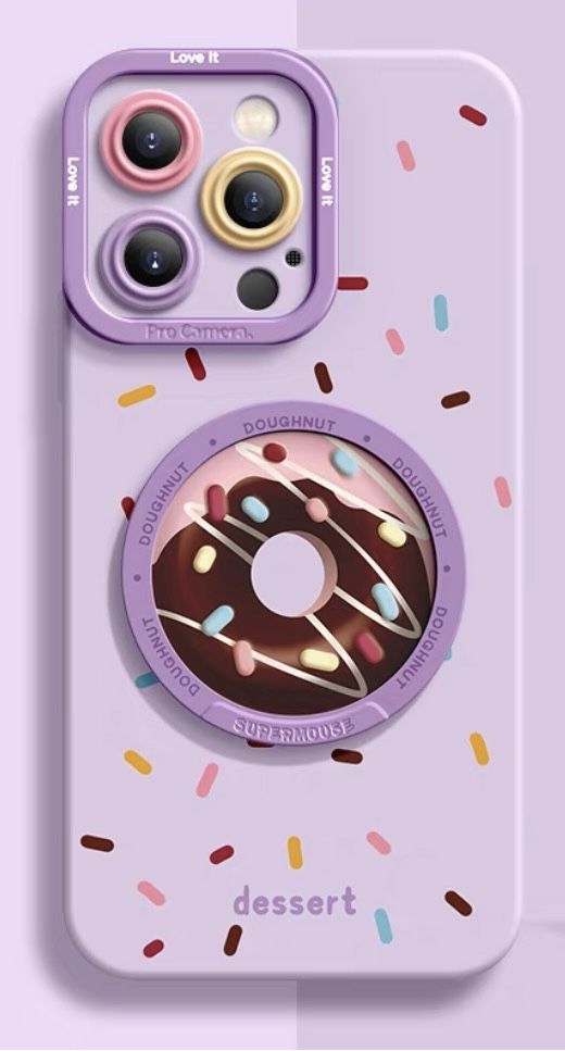Brand New iPhone 16 Pro adorable donut soft silicon purple case w. mirror stand
