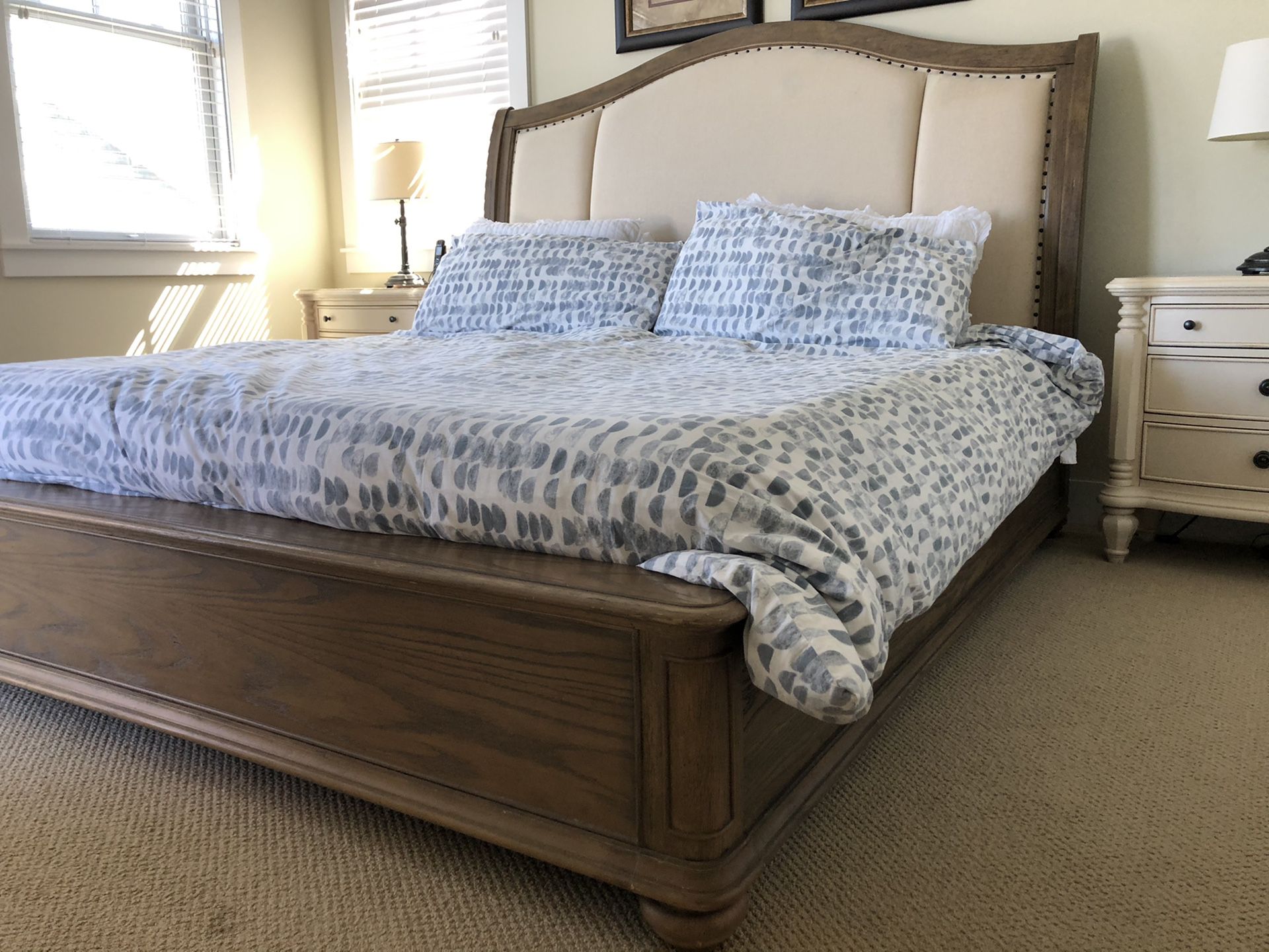 King bed, padded headboard with dresser and 2 night stands