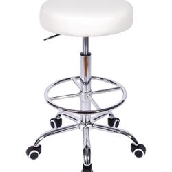 Round Rolling Stool with Footrest and Wheels, Easy Assembly PU Leather Height Adjustable Drafting Swivel Chair for Spa Salon, Office, Medical, Beauty,