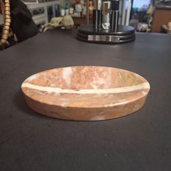 Oval Shaped Natural Marble Or Onyx Polished Dish In Warm Peach, Pink & Coral W/White Veining-Trinket Or Soap Dish 6.25 X 4.5" Vintage Mid 20th Century