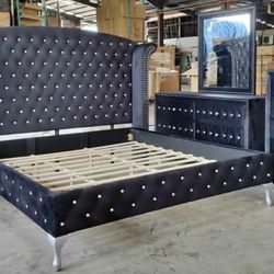 BLACK Velvet bed W/ TALL HEADBOARD