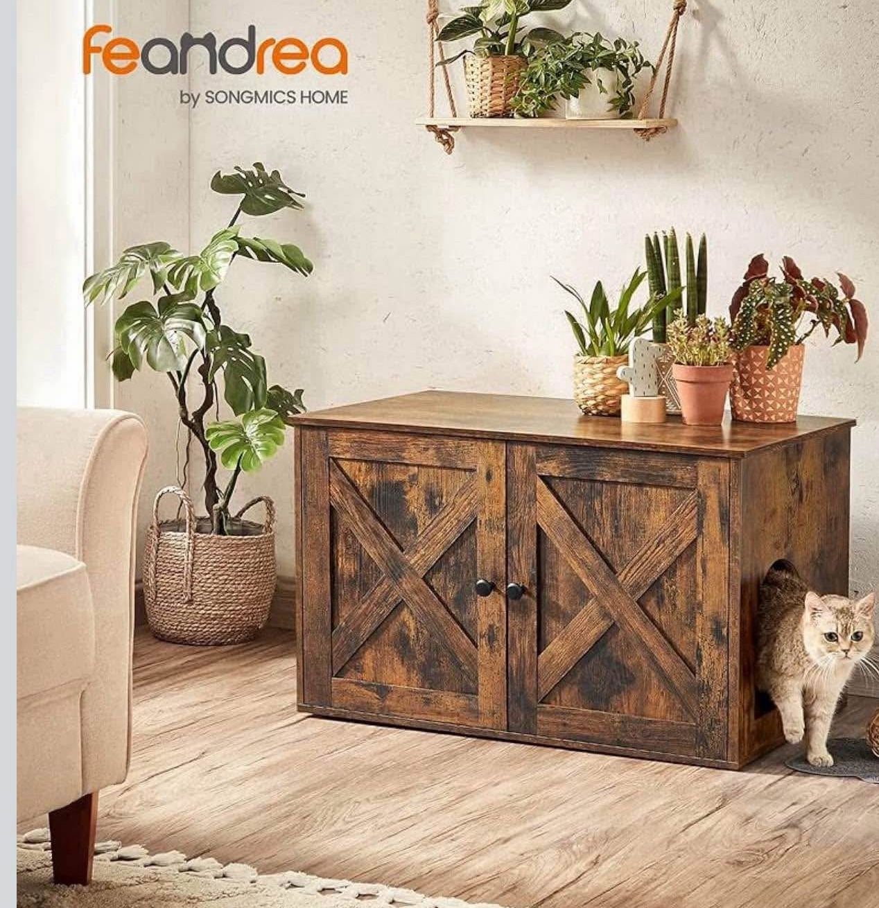 Cat Litter Box Enclosure, Litter Box Furniture Hidden with Removable Divider, Indoor Cat House, End Table, 31.5 x 20.9 x 19.7 Inches, Rust