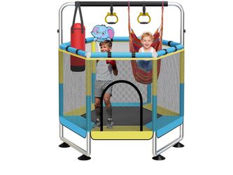 60" Toddler Trampoline for Kids with Net, 6-in-1 Indoor/Outdoor Trampoline Anti-Tilt Frame & Thick Padded Spring Cover,Easy Assembly, Safe Enclosed Bo