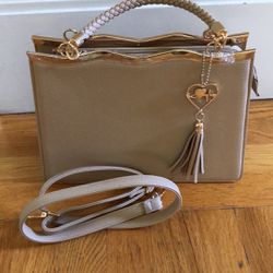 Beige & Gold Vegan Leather Handbag Crossbody