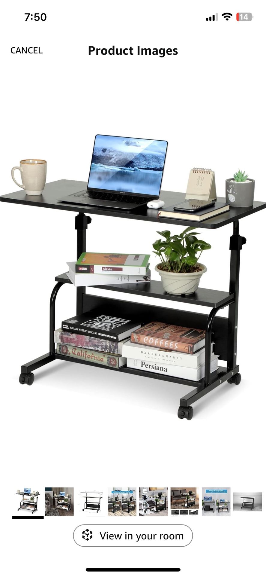 Portable Rolling Desk on Wheels Adjustable Height Desks for Small Spaces, 32" Computer Desk with Storage Shelves for Home Office Black