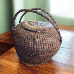 Vintage Hand Woven Basket With Lid  