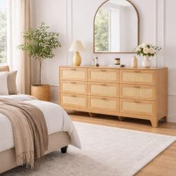 Drawer Dresser 9 for Bedroom, Rattan Dressers & Chest of Drawers, Large 58" Long Dressers Wooden Storage Organizer Dresser for Entryway, Living Room (