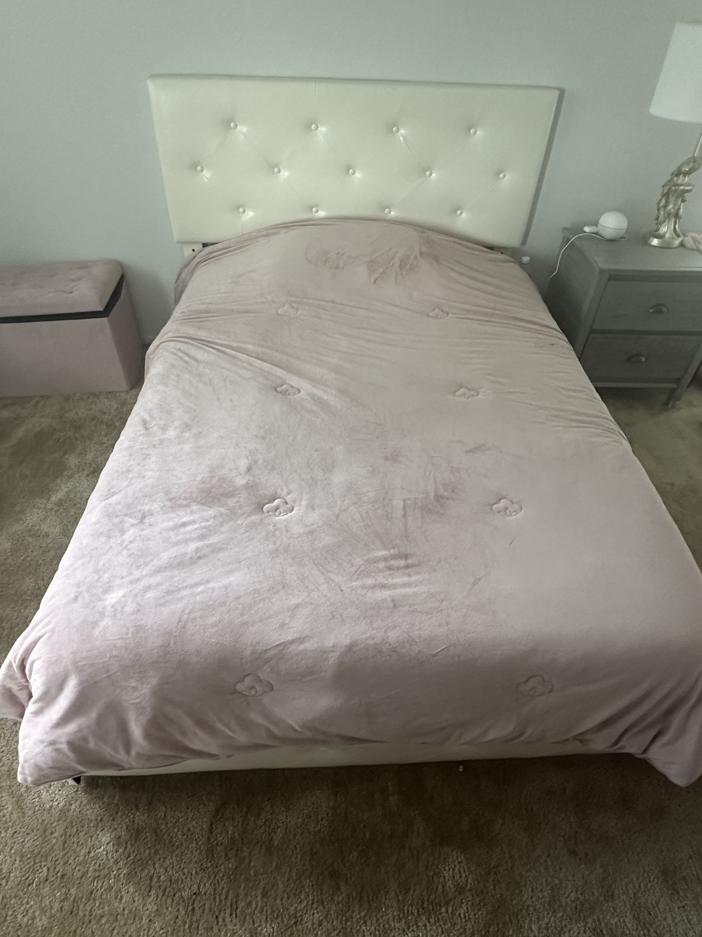 Cream Faux Leather Bed Frame W/ Storage 