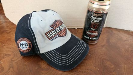 New, one sz adj Cap & empty can, both celebrating 90th Harley Daivdson, firm.