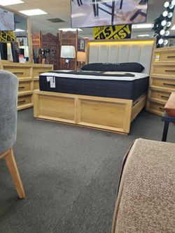 Queen Bed Frame with Upholstered LED Headboard